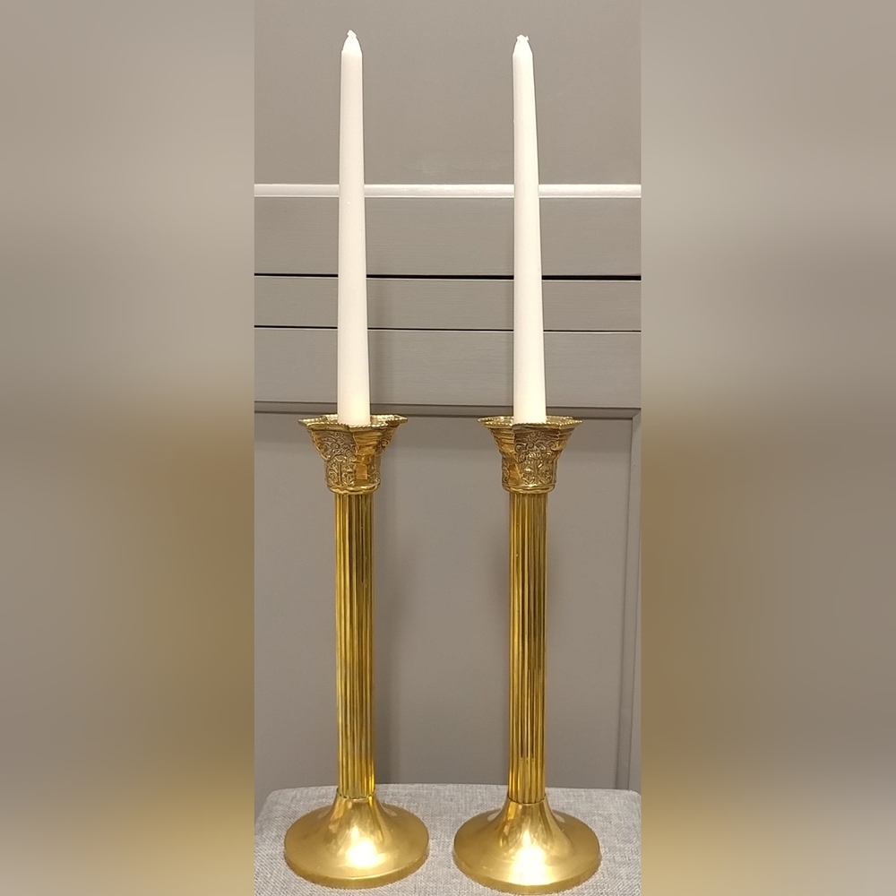 Vintage Brass Ornate Column Candle Holders 12" Roman Columnar Gold Candlesticks